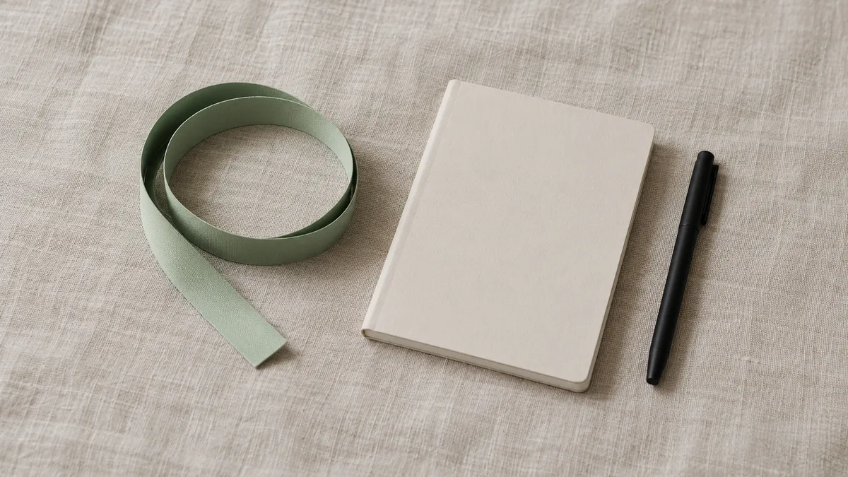 A soft sage-green measuring tape coiled on linen cloth next to a closed notebook and a pen