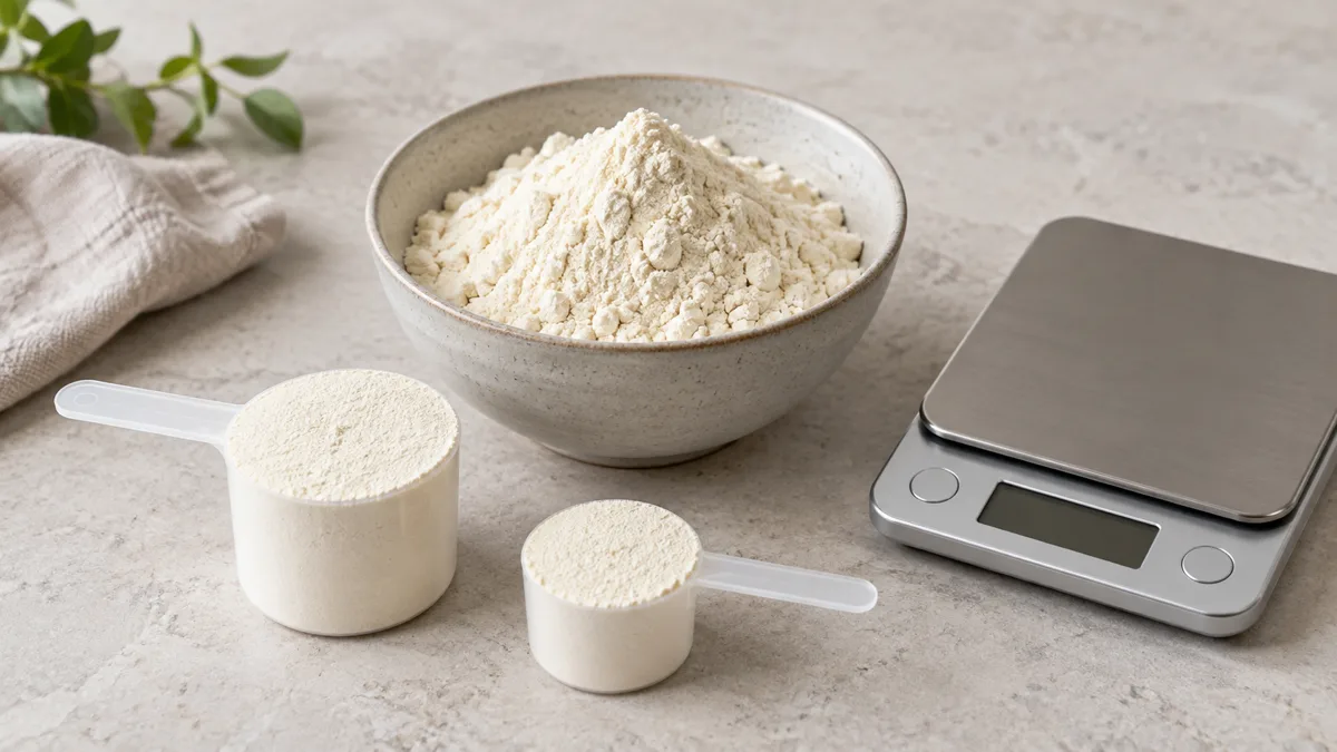Two scoops of protein powder beside a kitchen scale