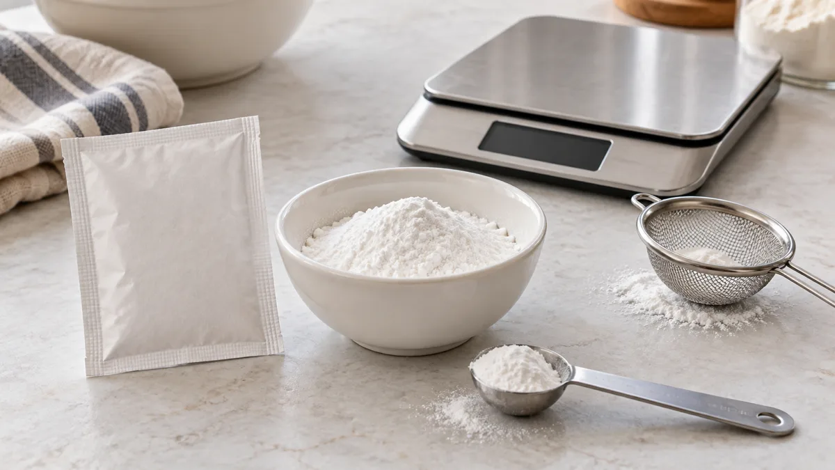 Level measuring teaspoon of baking powder beside an opened packet and kitchen scales