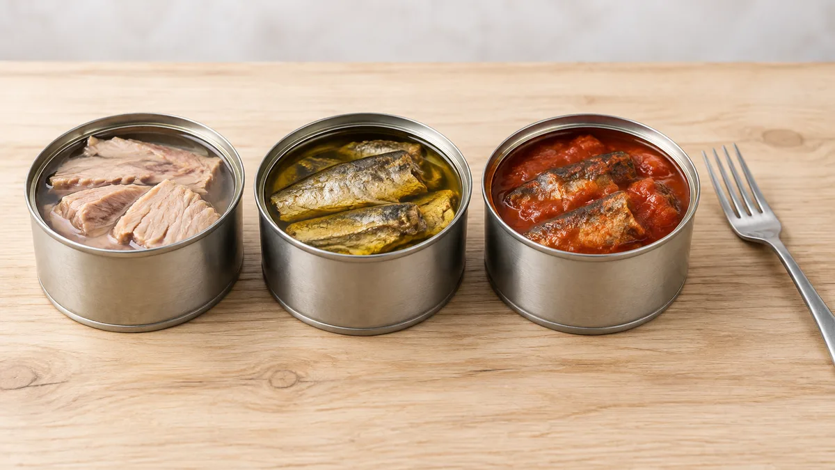 Three open cans in a row: fish in its own juice, fish in oil, and fish in tomato sauce, with a fork nearby
