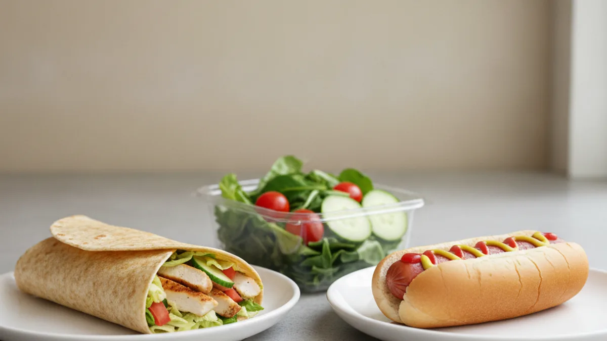 A roll in a flatbread, a fresh salad in a container and a small sub dog on a neutral table