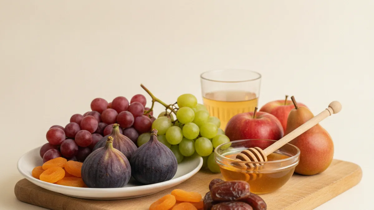 Red and green grapes, fresh figs and dried apricots on a white plate, with dates, apples, a pear, a glass bowl of honey with a wooden dipper and a glass of juice on a wooden board