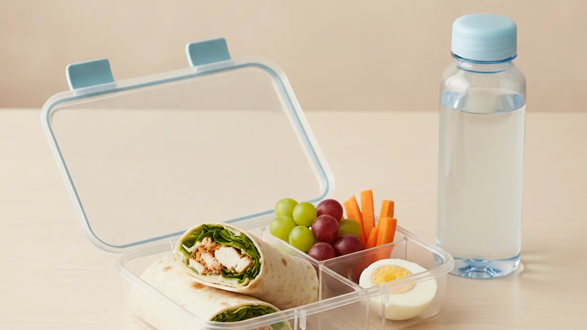 An open lunchbox with compartments: a rolled lavash wrap, carrot sticks, grapes, and a hard-boiled egg, with a bottle of water nearby