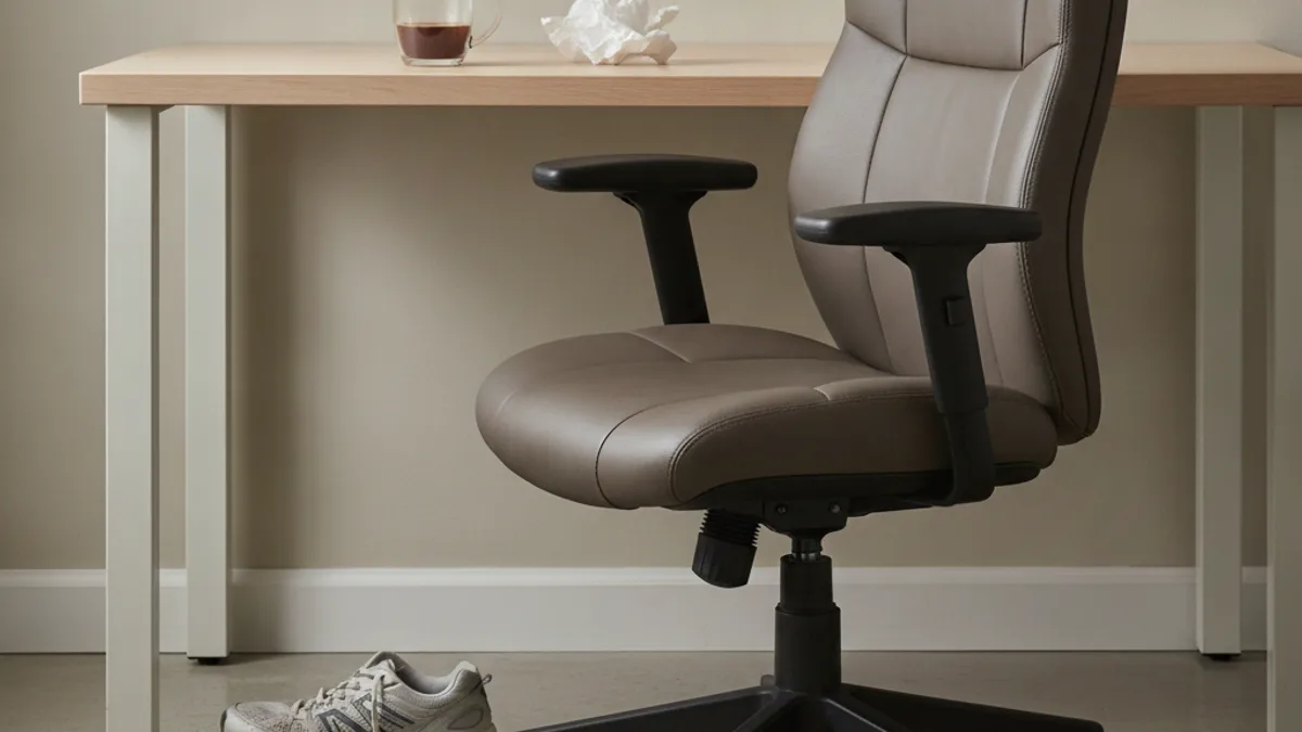 A leather office chair pulled up to a light-colored desk with a half-finished mug of coffee and a crumpled napkin; sneakers are on the floor nearby