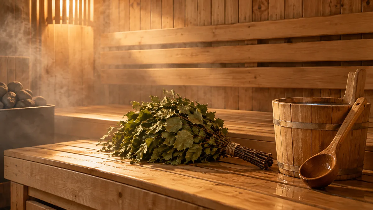 A wooden sauna bench with a birch whisk, a bucket and a ladle in light steam