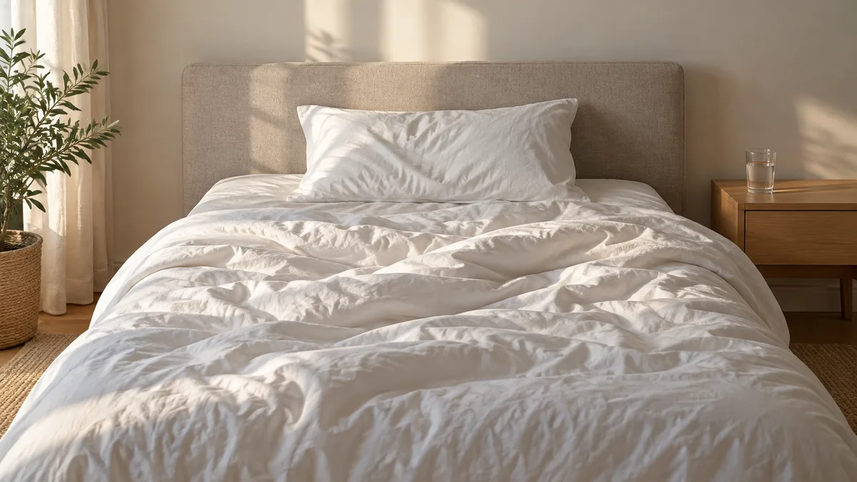 A bed with a rumpled white duvet in morning light and a glass of water on the bedside table
