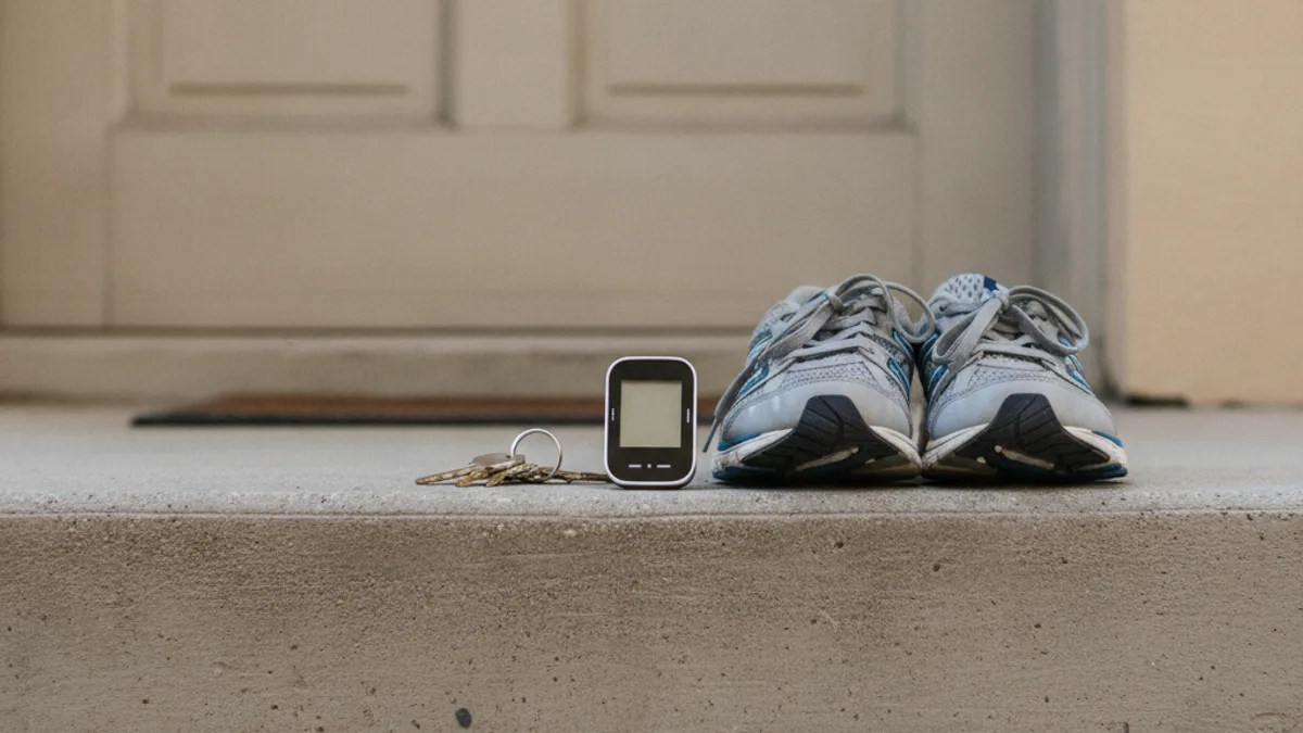 Worn white and blue sneakers, a set of keys, and a pedometer with a blank screen on a concrete step by a closed door