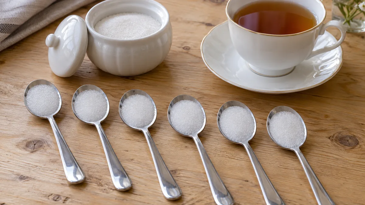 Six teaspoons of sugar in a row on a light wooden table, with a sugar bowl and a cup of tea on a saucer