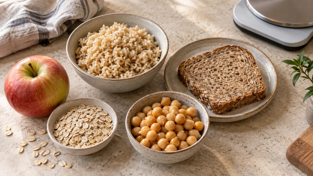 Oats, bread, cooked rice and an apple beside kitchen scales on a light table