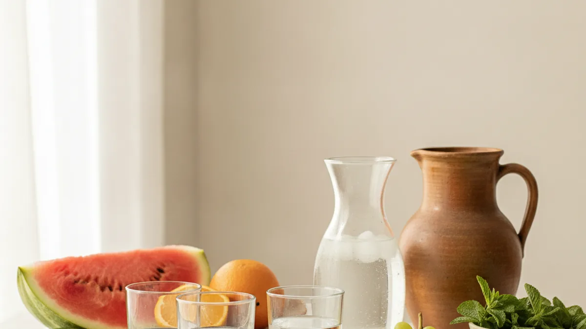 A glass of water on a table next to a bowl of soup, sliced cucumber, and watermelon wedges