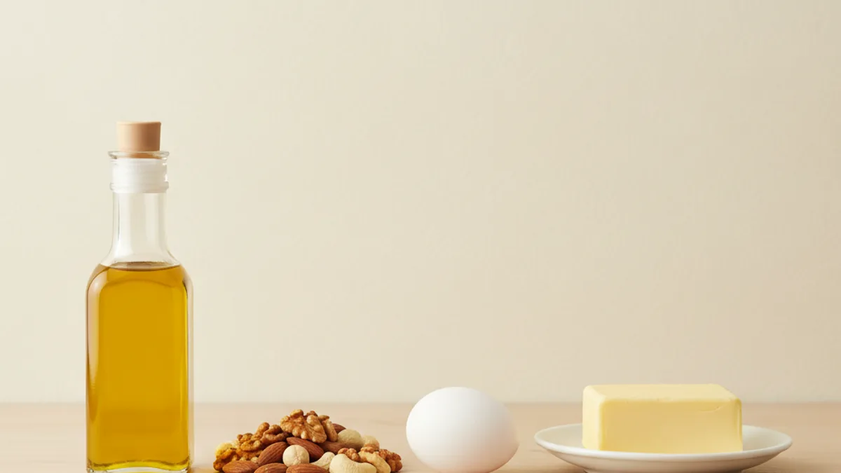 Бутылка растительного масла, горсть орехов, яйцо и кусок сливочного масла на светлом столе