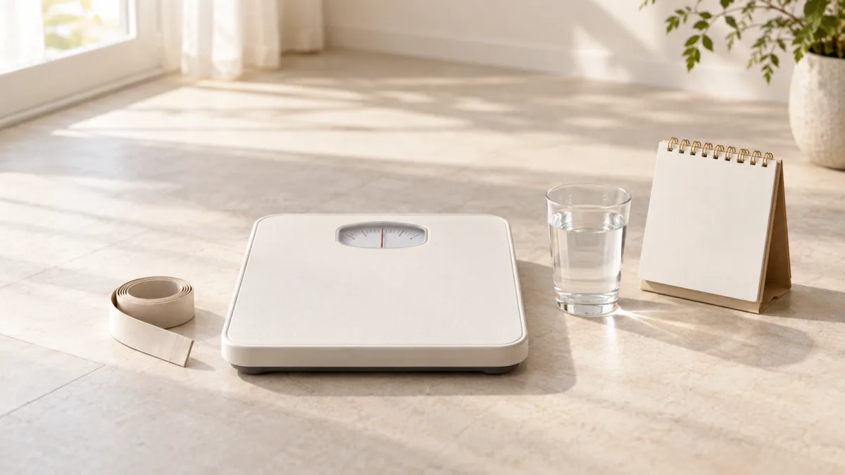 Floor scales and a measuring tape on a light-colored floor next to a glass of water and a desktop calendar