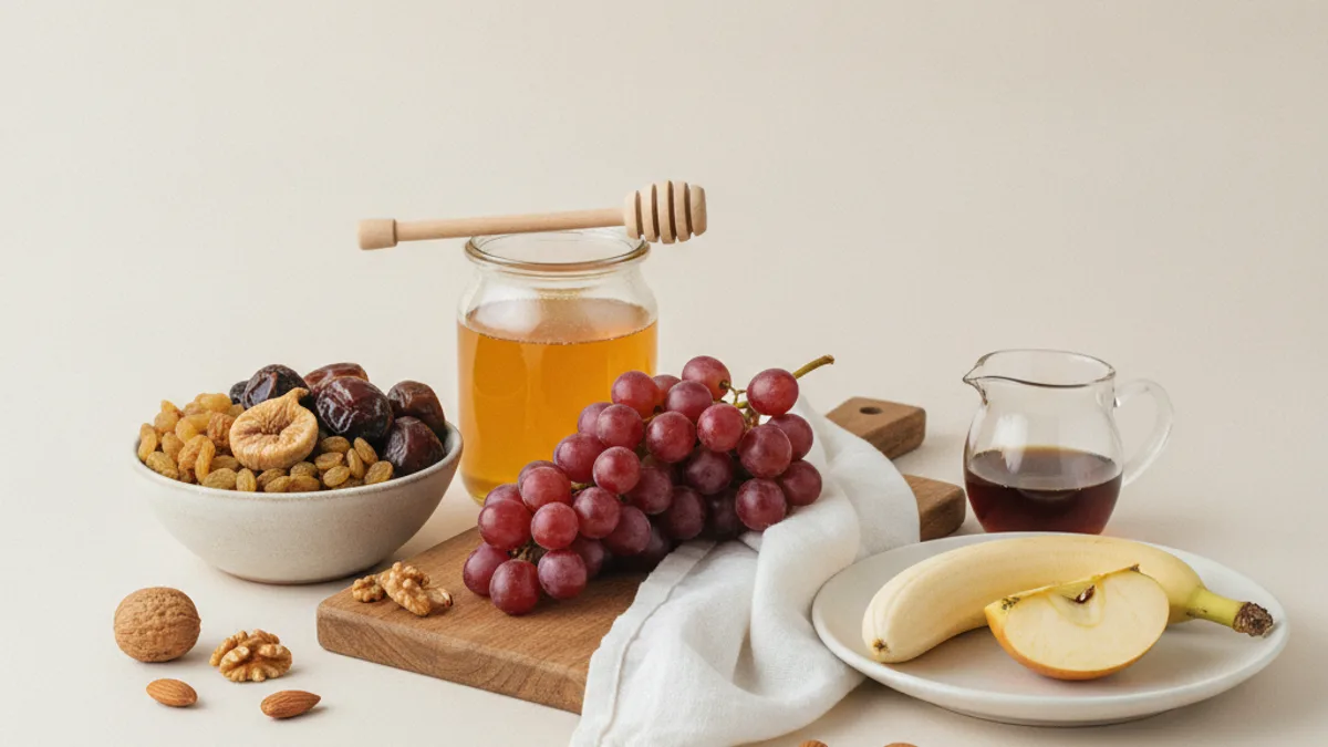 Packages of ketchup, granola, drinking yogurt, and fruit juice on a light table, next to a teaspoon with sugar poured on it