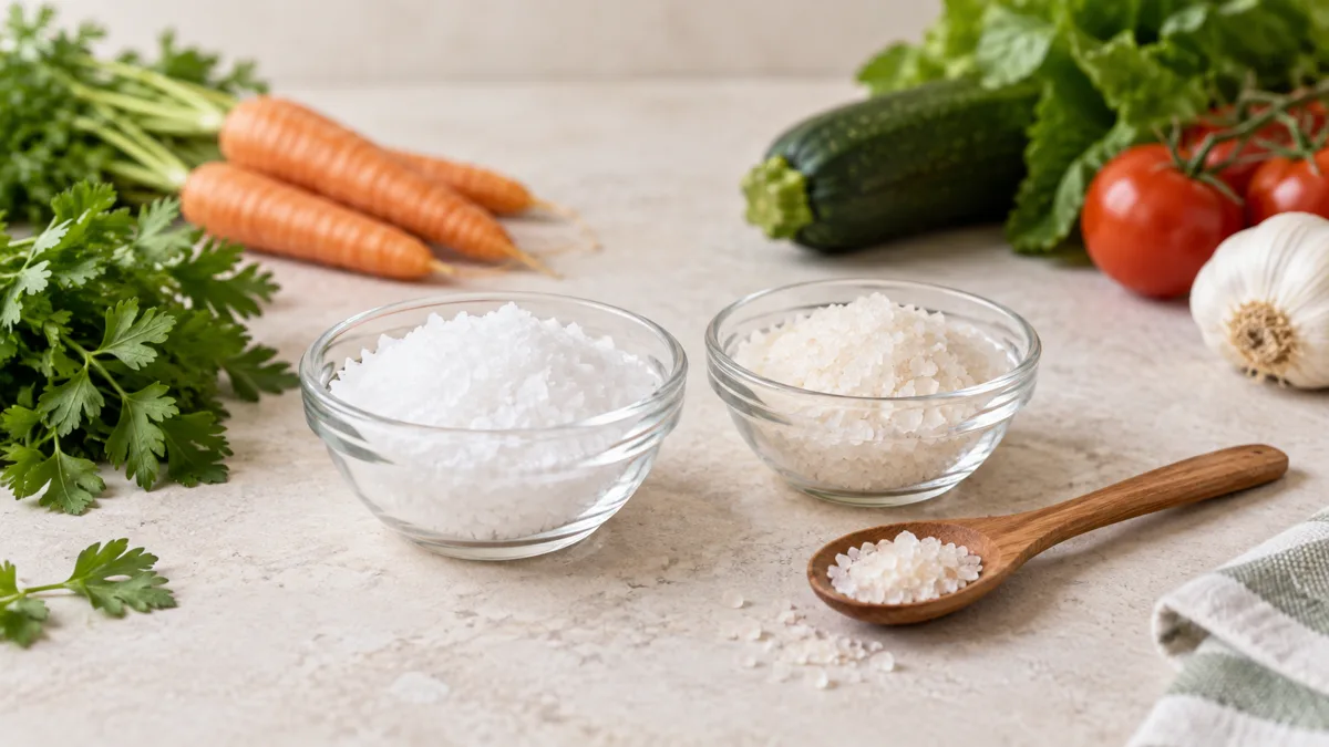 Two small glass bowls of white crystalline salt and a wooden spoon on a light kitchen counter