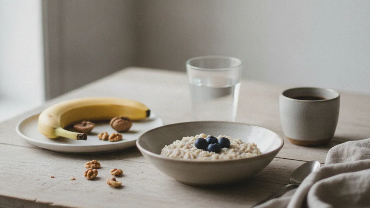 A bowl of porridge topped with blueberries beside a plate holding a banana and walnuts, a glass of water and a cup of coffee on a light wooden table