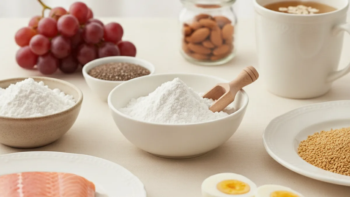 White powder in a bowl with a wooden spoon, a jar of almonds, a bunch of grapes, a slice of salmon, and halves of boiled eggs on a light-colored table