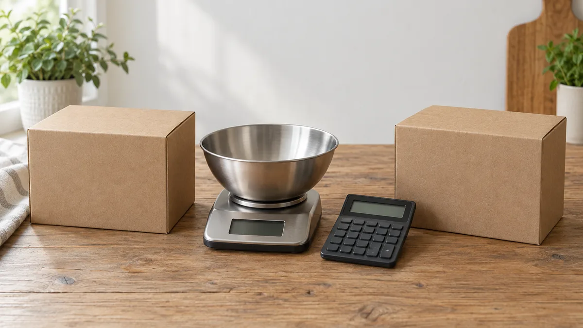 Two closed cardboard packs side by side on a wooden table with a kitchen scale and a small calculator between them
