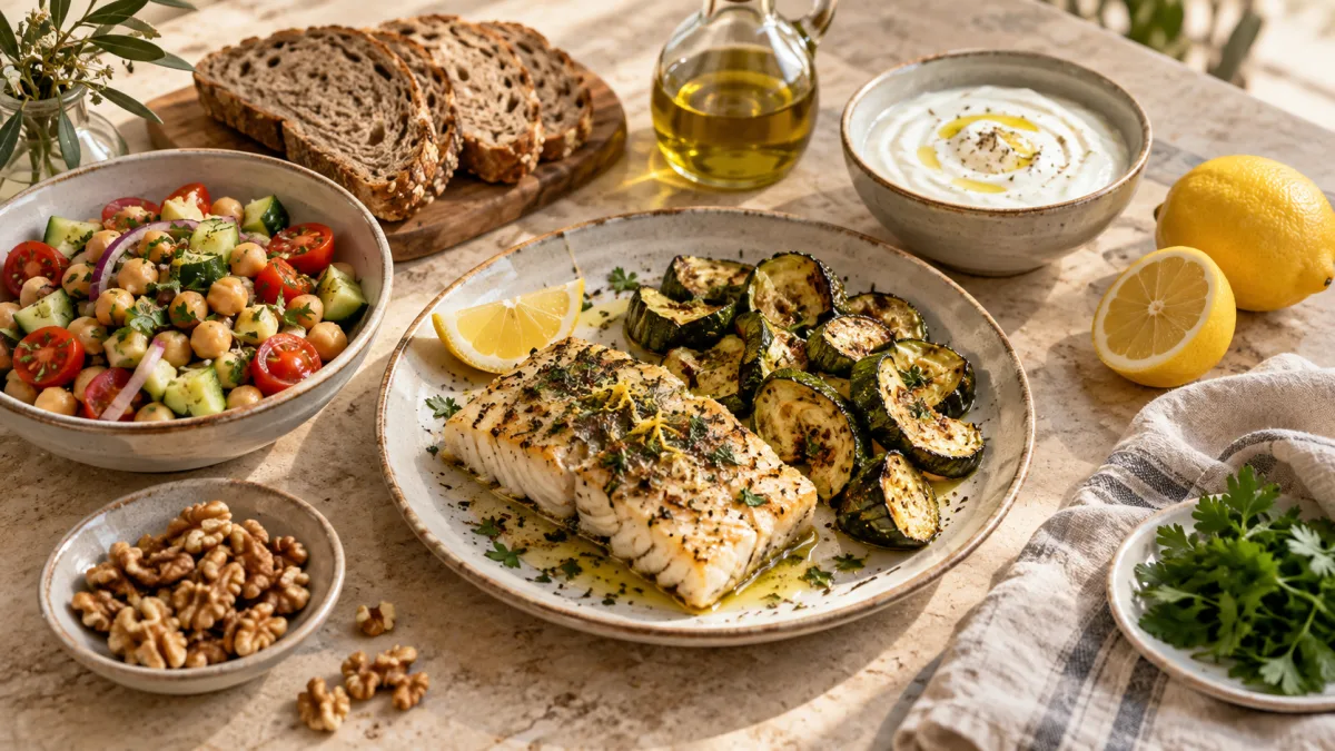 Baked fish, a bowl of chickpeas, vegetable salad, whole-grain bread and olive oil on a table