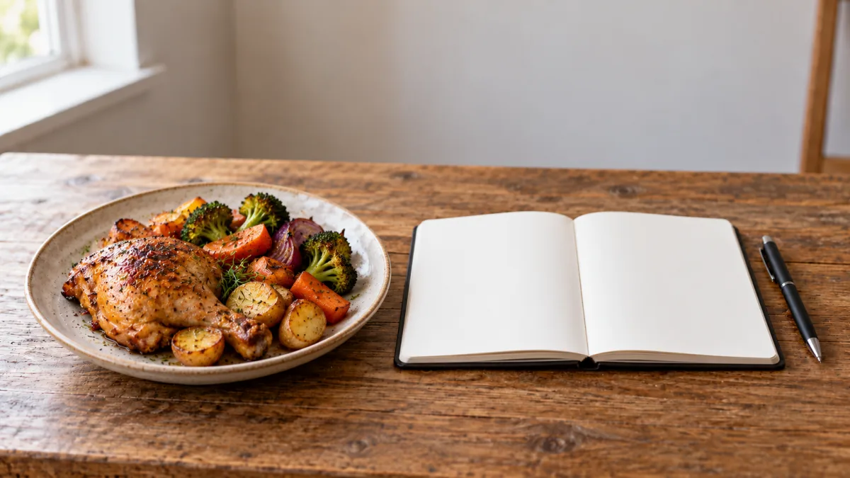 A regular plate with a home-cooked lunch and an open notebook with a pen on a kitchen table