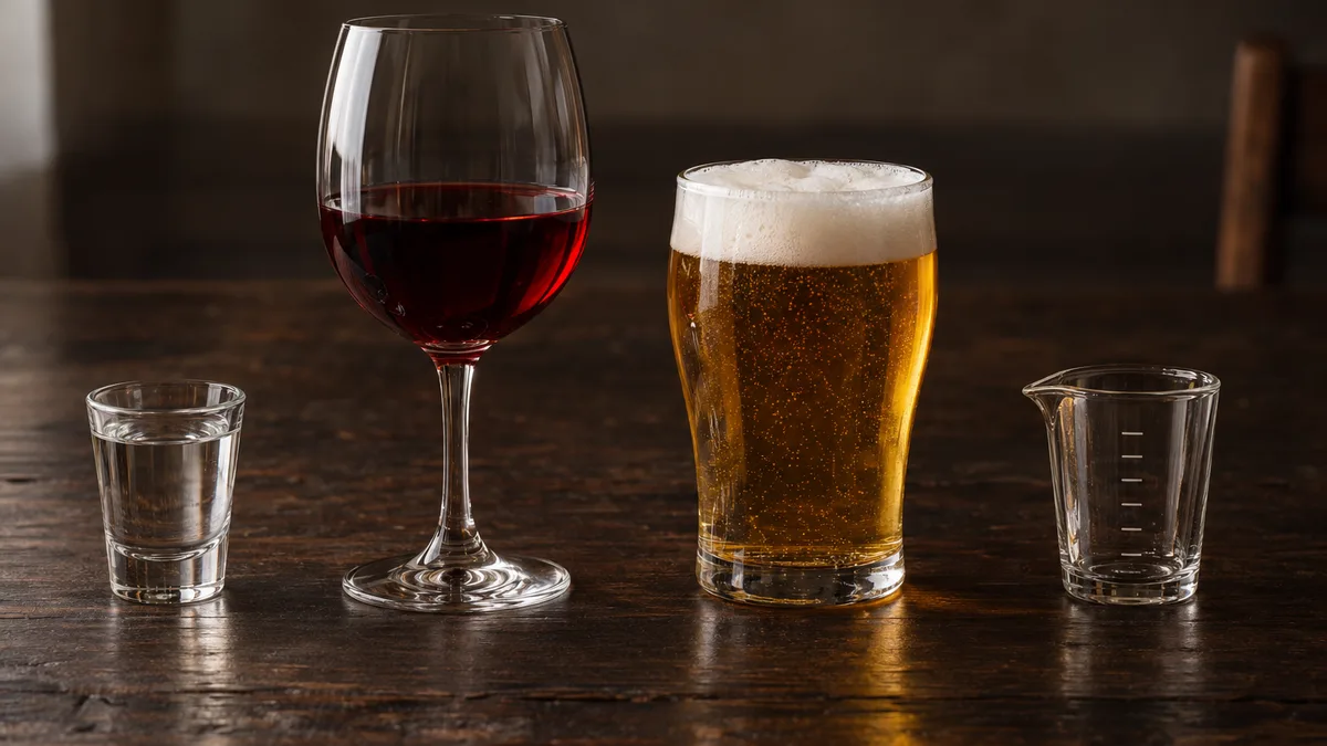 A shot glass with a clear drink, a glass of red wine, a glass of light beer without labels and a measuring cup on a dark wooden table
