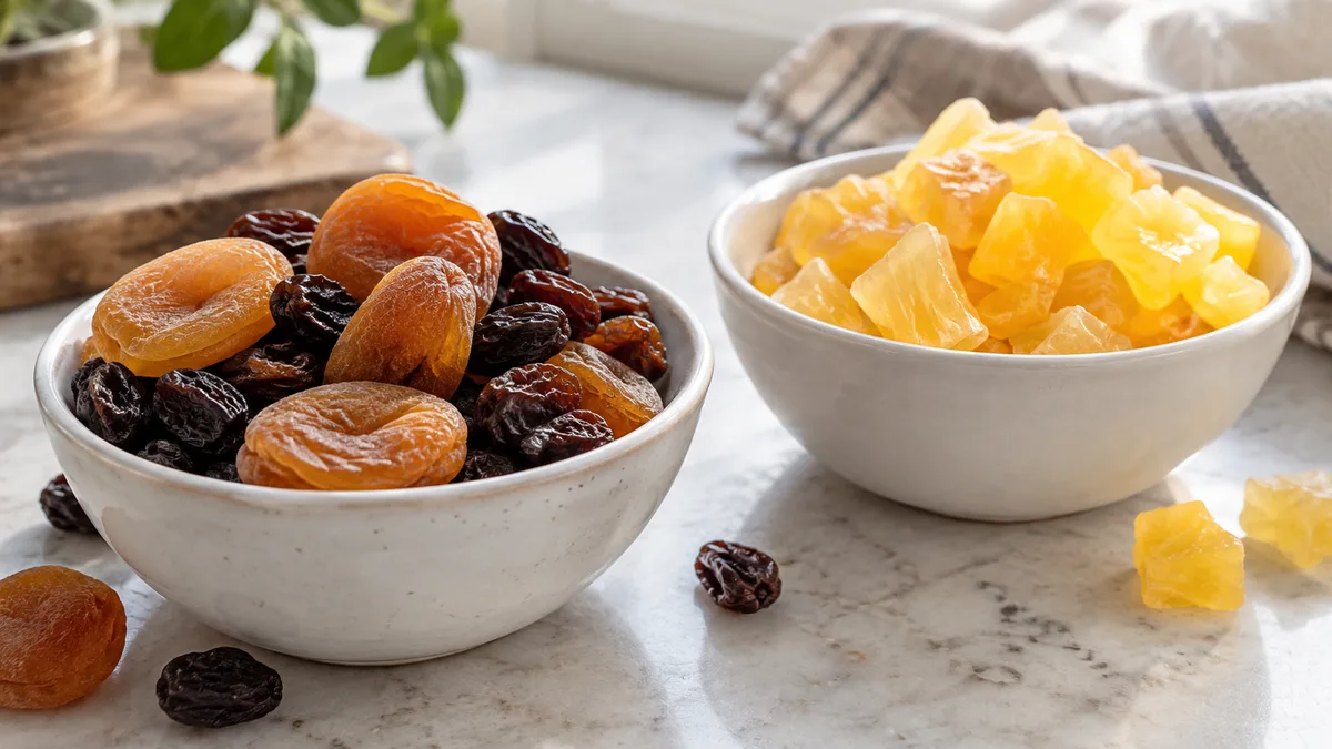 Two bowls: dried apricots with raisins and yellow candied pineapple pieces