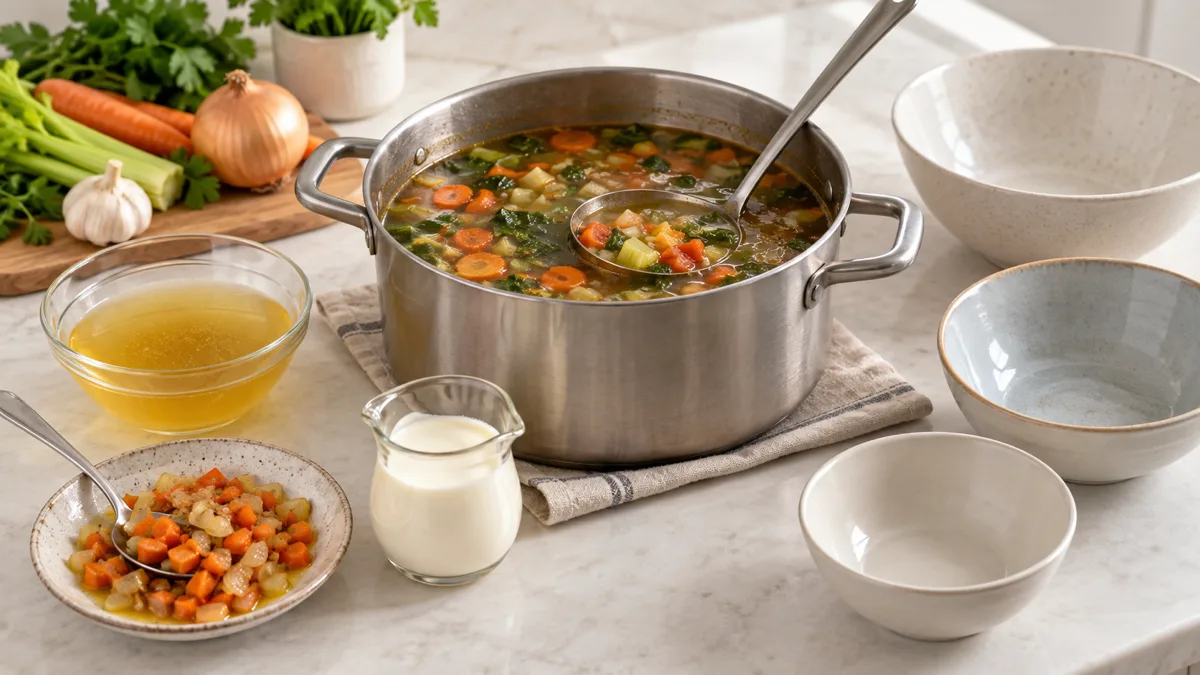 Pot of vegetable soup beside broth, sautéed vegetables, cream, and empty bowls