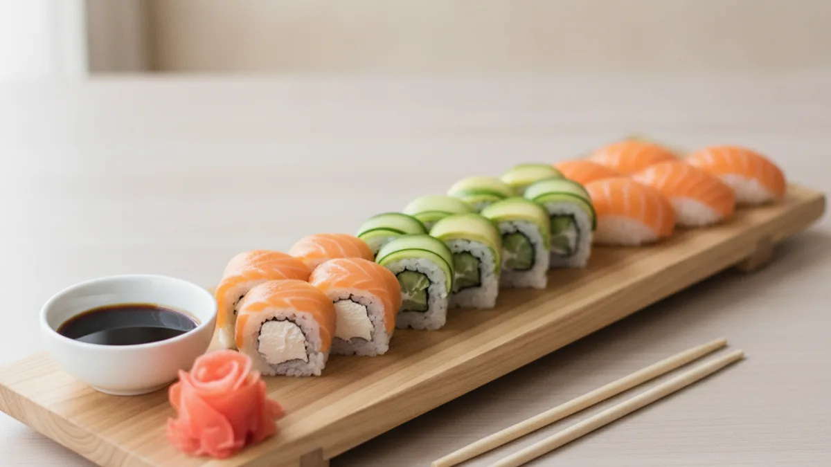A row of sushi rolls and nigiri on a long wooden board beside a small bowl of soy sauce and pickled ginger