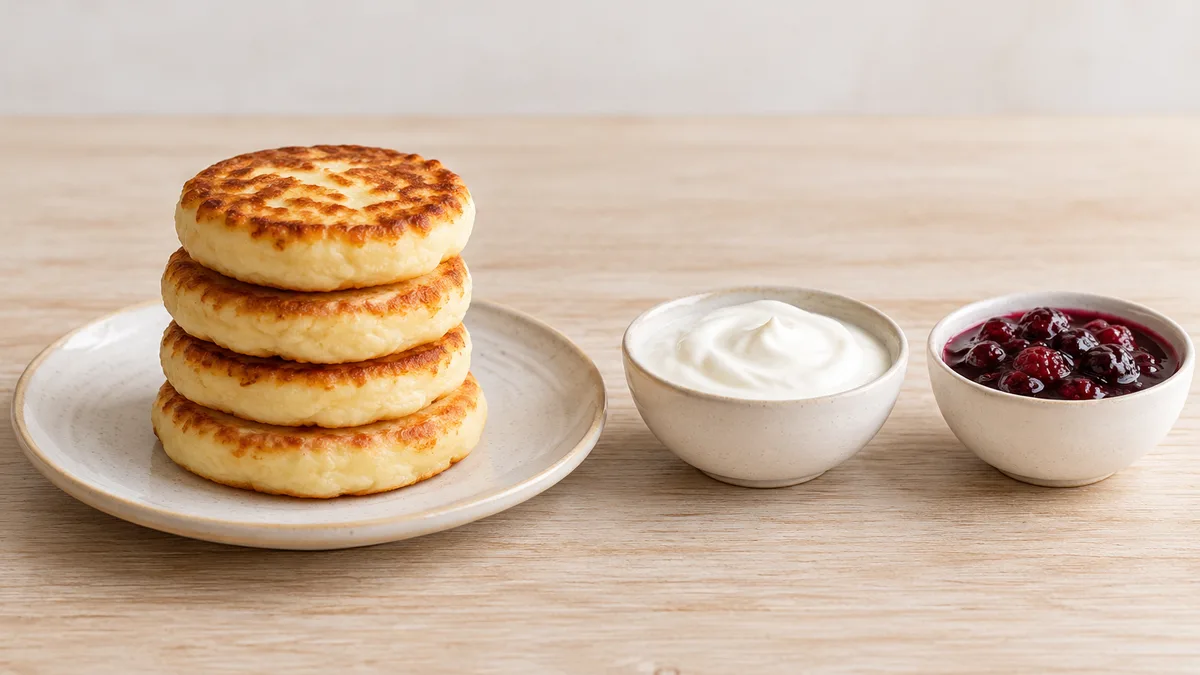 A stack of golden syrniki on a plate, a small bowl of sour cream and a small bowl of berry jam on a wooden table
