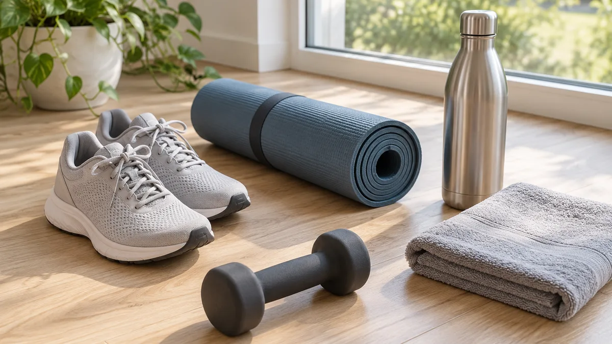 Running shoes, a rolled yoga mat, a water bottle, a folded towel and a dumbbell on a wooden floor by a window
