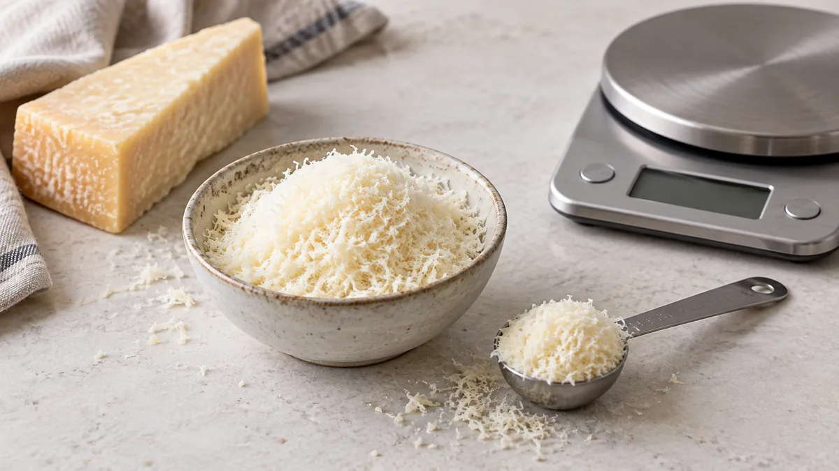 A tablespoon of grated Parmesan beside kitchen scales and a small piece of cheese