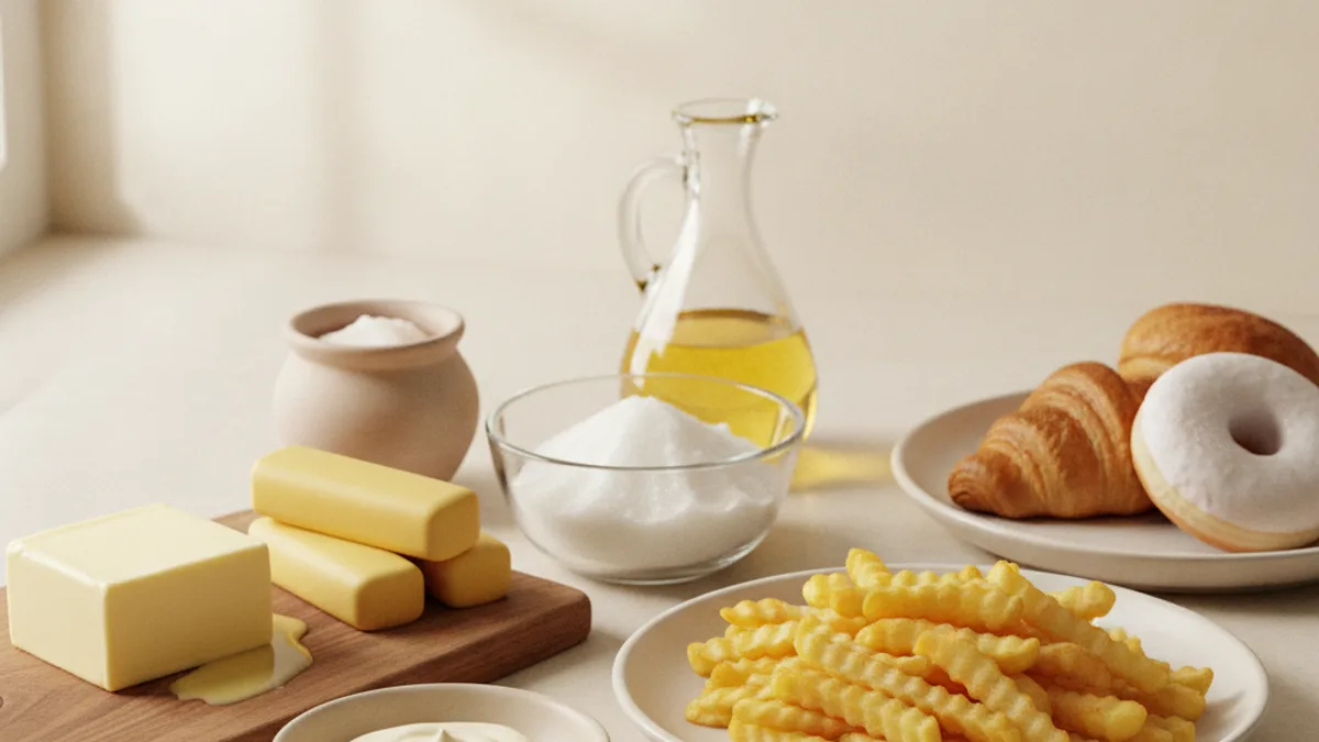 A block of solid vegetable fat cut open, next to a bottle of vegetable oil, puff pastry cookies, and wafers on a light-colored table