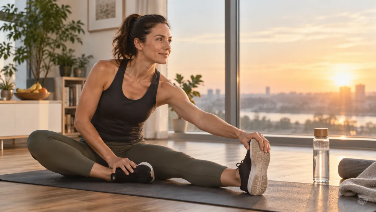 Woman stretching before a morning workout by a window