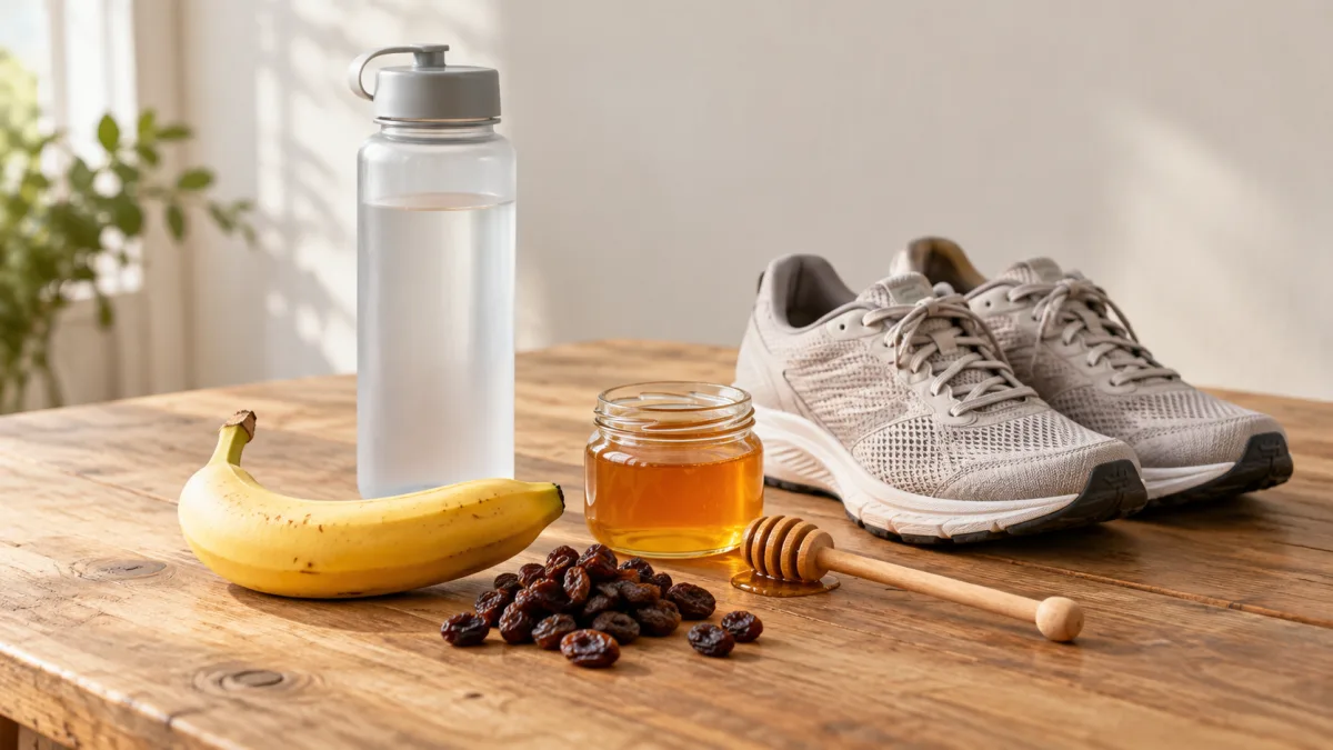A banana, a handful of raisins, a spoonful of honey, and a water bottle on a table next to running shoes