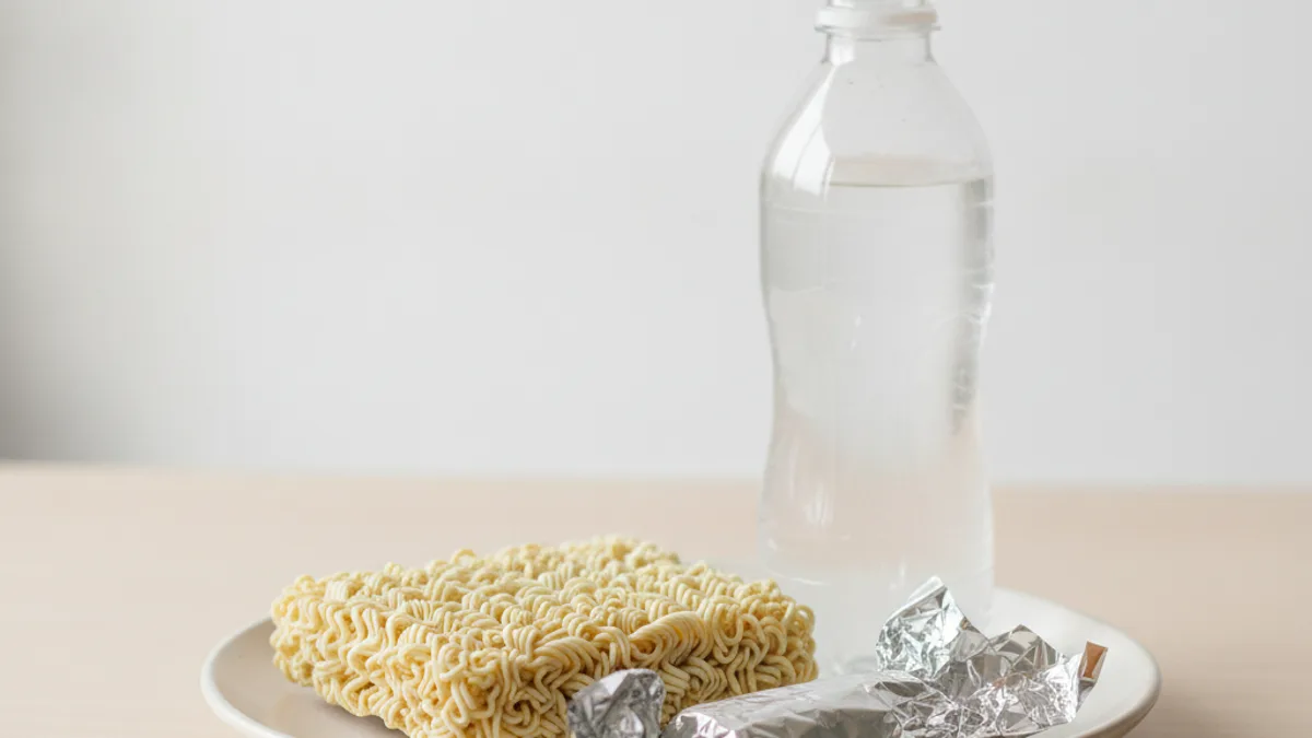 A block of dry instant noodles, a clear bottle without a label, and crumpled pieces of foil on a light-colored plate