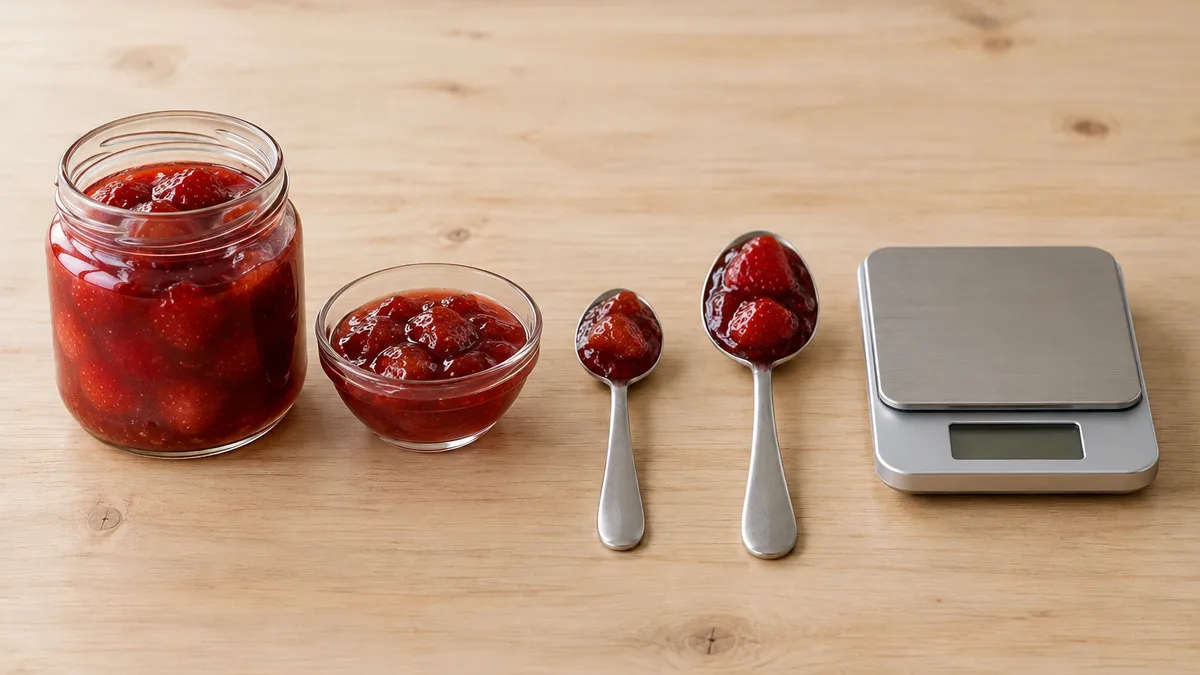An open jar of strawberry varenye, a small glass dish of it, a teaspoon and a tablespoon and kitchen scales on a wooden table