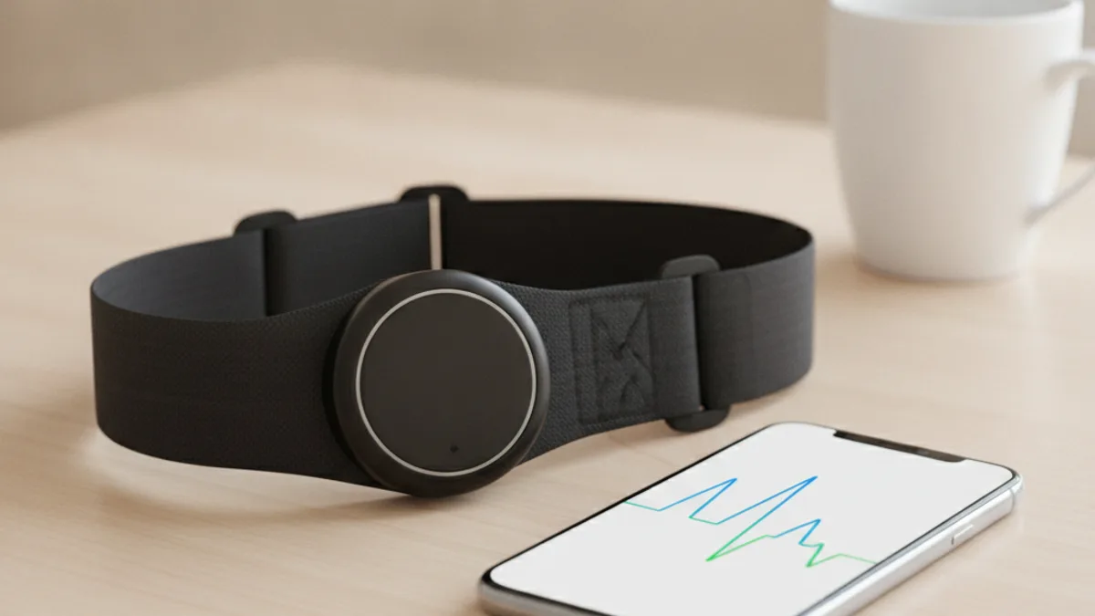 Нагрудный ремень пульсометра и смартфон с графиком на светлом столе