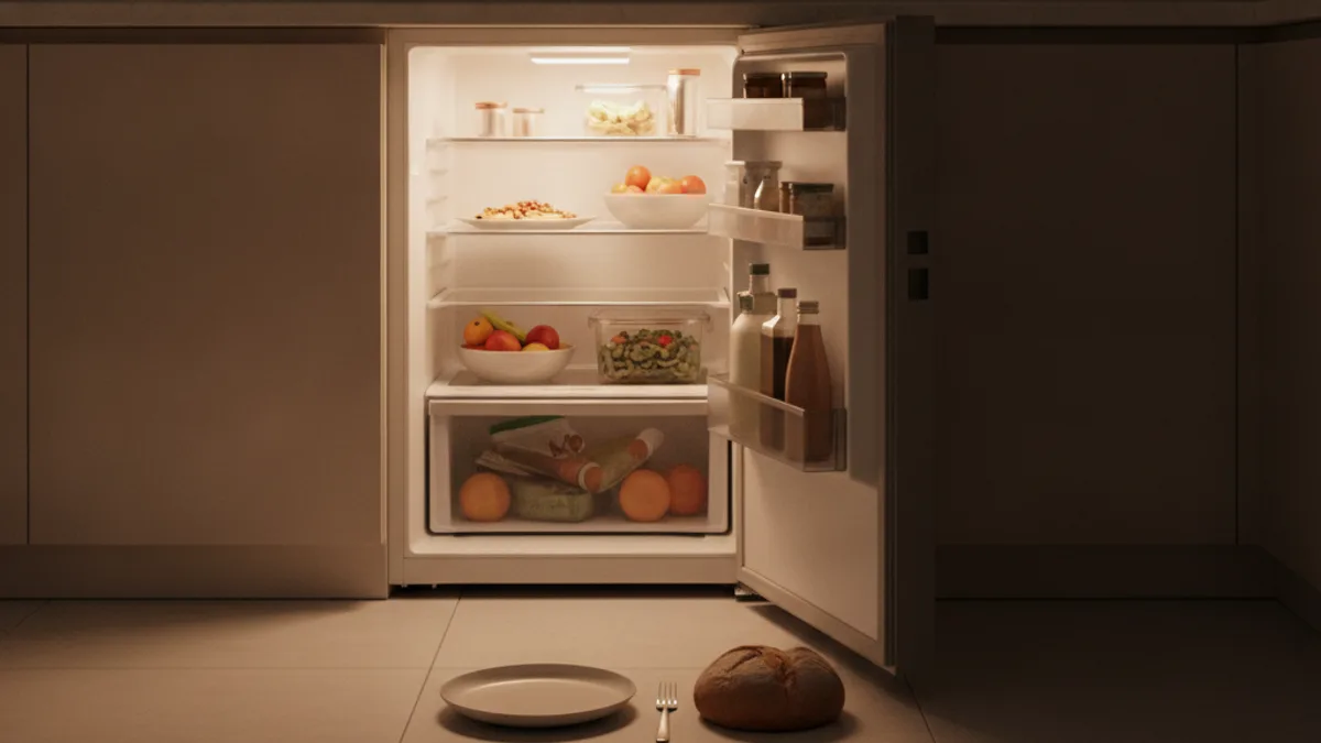A slightly open refrigerator in a dark kitchen, light falling on the floor