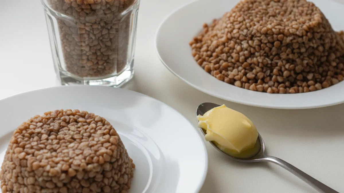 A faceted glass with dry buckwheat, two white plates with different volumes of porridge, and a teaspoon with a mound of butter