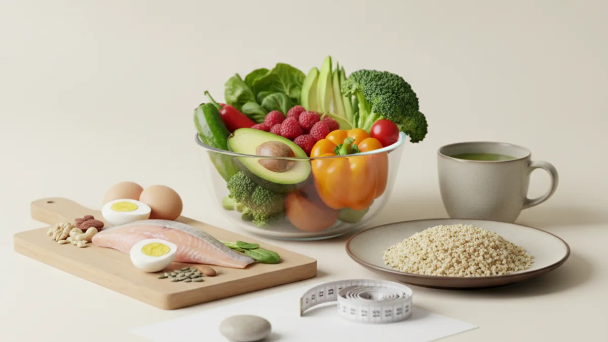 A glass bowl of vegetables and berries with avocado, broccoli, spinach, peppers and tomatoes, a wooden board holding a fish fillet, boiled eggs, nuts and seeds, a plate of cooked grain and a cup of green tea, with a coiled tape measure lying in front on a beige background.