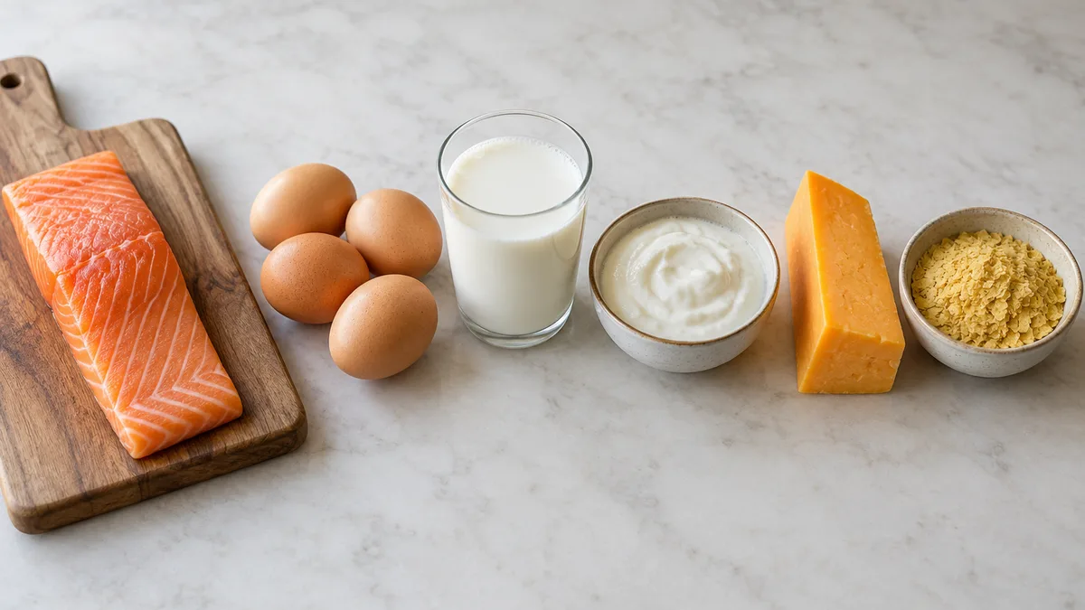 Salmon, eggs, milk, yogurt, cheese and a bowl of nutritional yeast on a light table