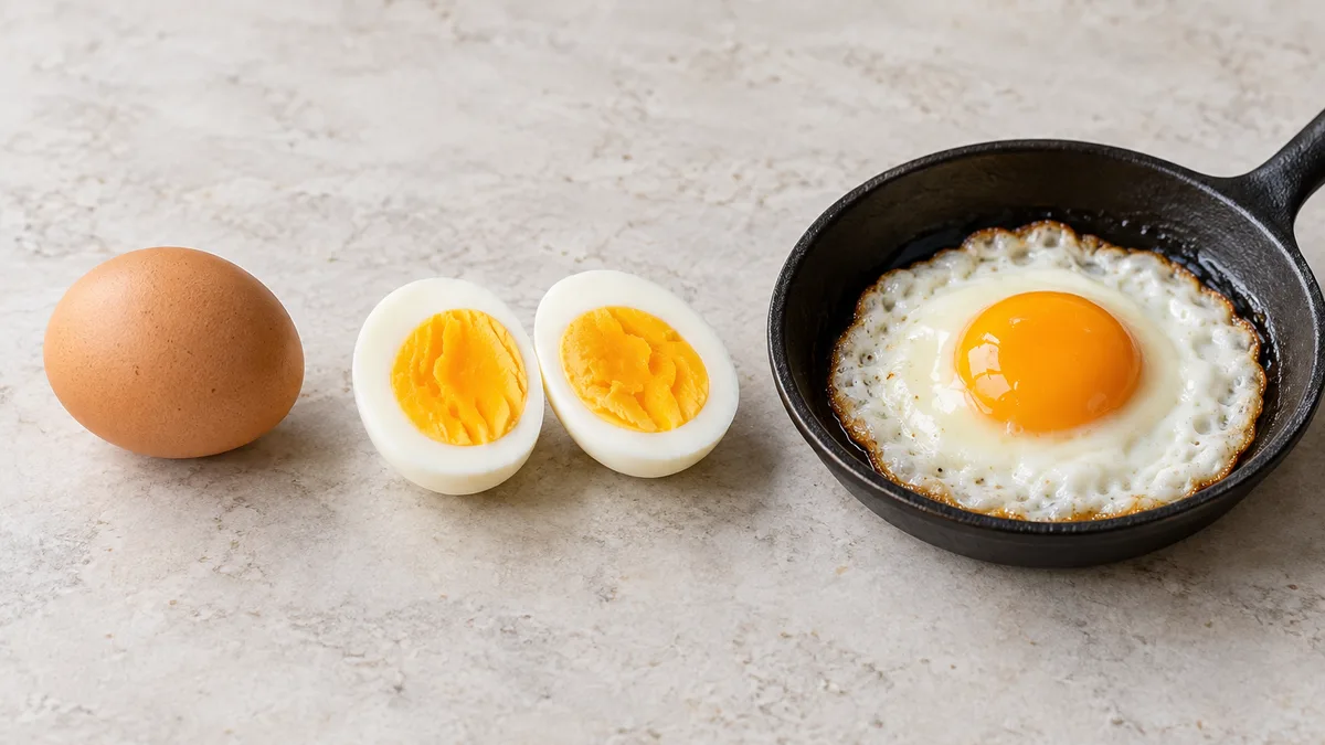 A raw egg in its shell, a boiled egg cut in half and a fried egg in a small pan