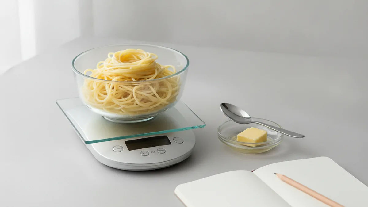 A glass bowl of spaghetti on a kitchen scale, next to it a small plate with a piece of butter and a spoon, and an open notebook with a pencil