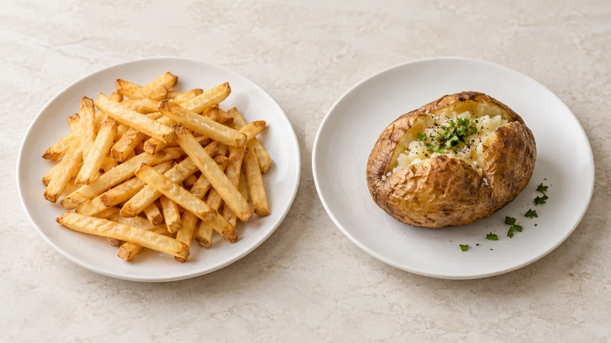 Two plates side by side: one with french fries, the other with baked potato