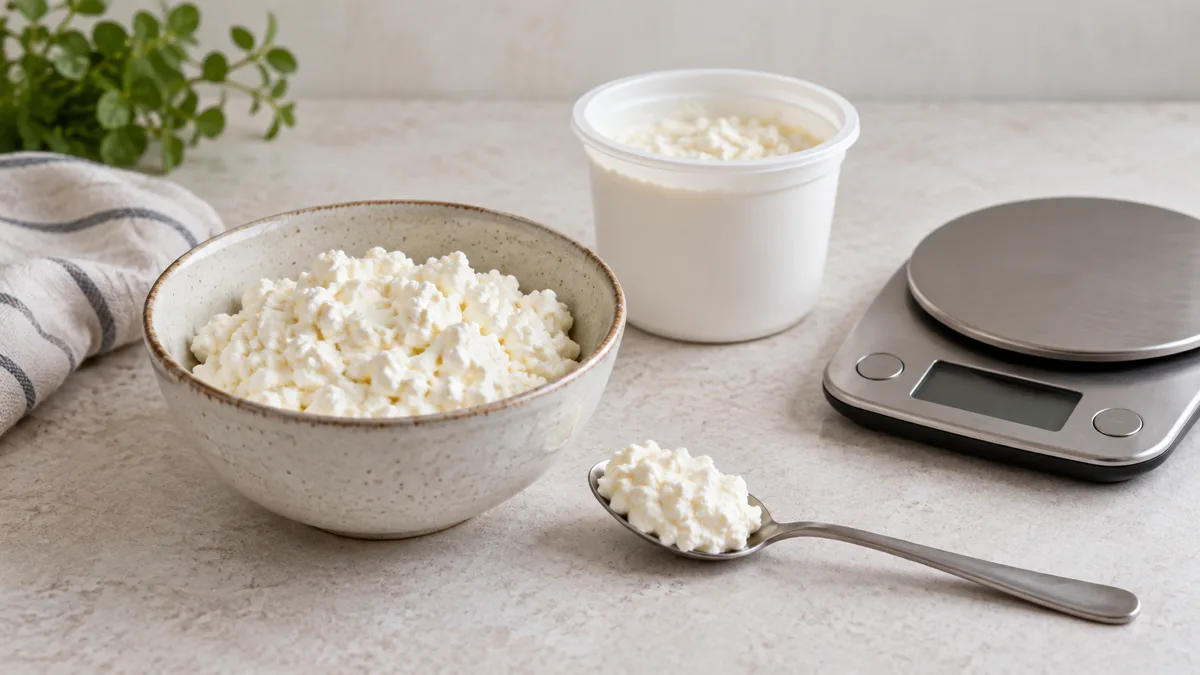 Tub of cottage cheese curds in cream with a spoonful and kitchen scales