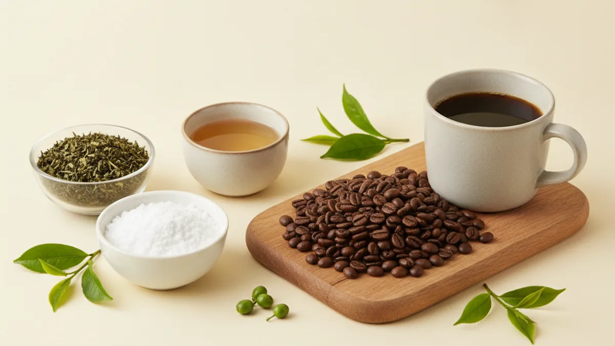 A bottle of sports fat burner capsules next to a cup of green tea, coffee beans, and tea leaves on a light-colored table