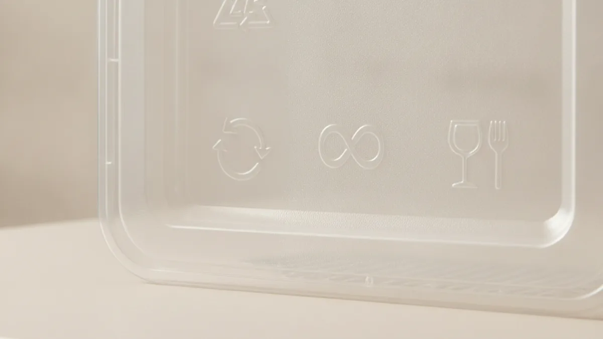 Close-up of the back of a food package: a triangle with a number, a Mobius loop and the glass and fork symbol